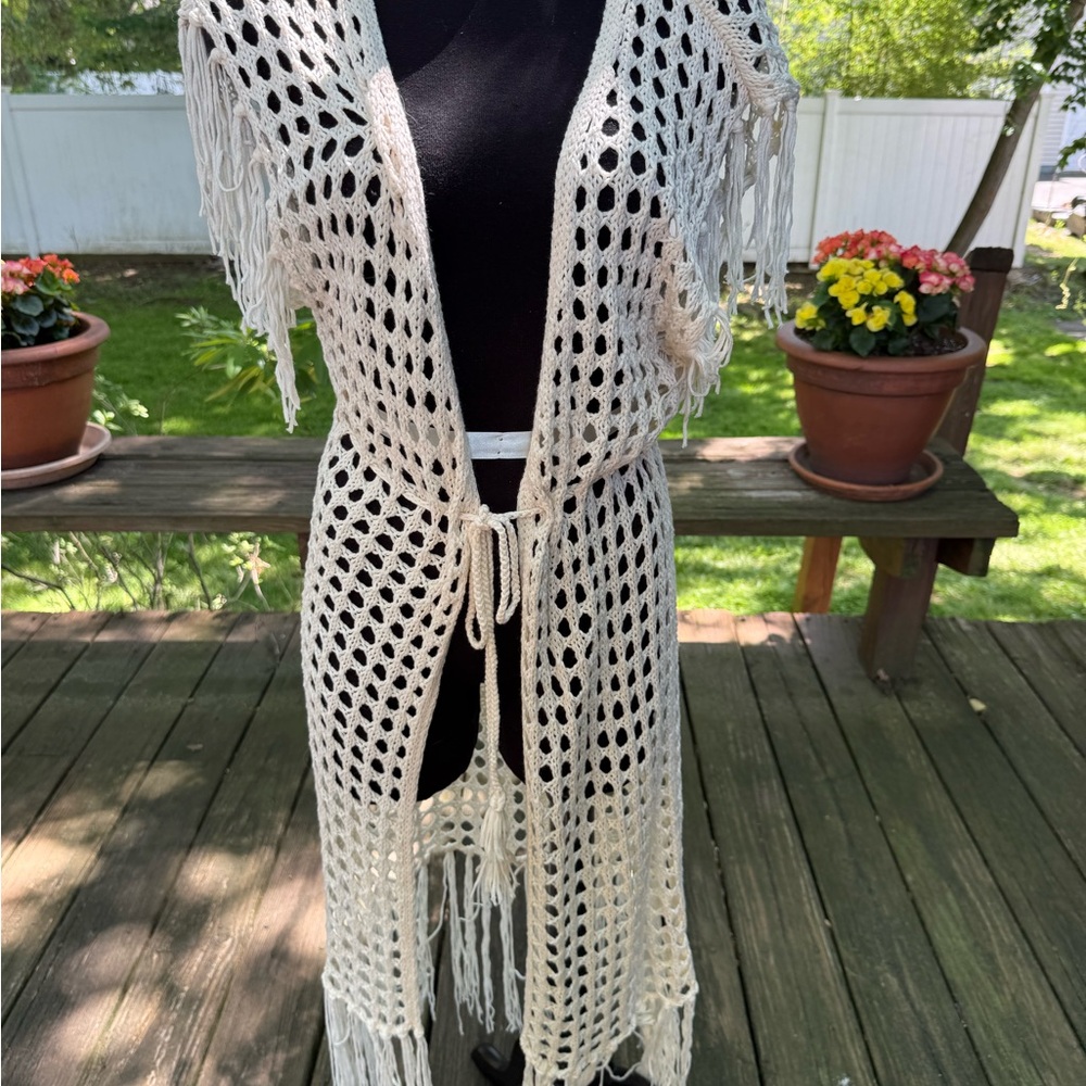 Anthropologie Cream Open-Knit Crochet Fringe Cardigan